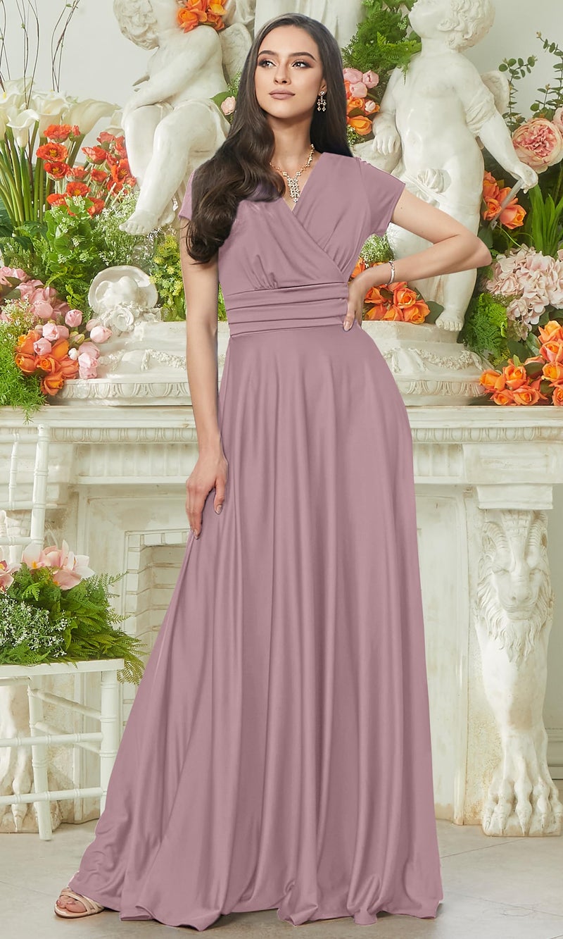 KOH KOH Womenâ€™s Long Cap Short Sleeve Flowy Cocktail Semi Formal Prom Gala Black Tie Bridesmaid Wedding Guest Work Dressy Tall Gown Gowns Maxi Dress Dresses, Dusty Pink L 12-14 - Image 2